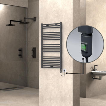 Radiva - Haiti Electric Towel Warmer 600x1100 Flat Anthracite Textured (On/Off Button) 600 Watt