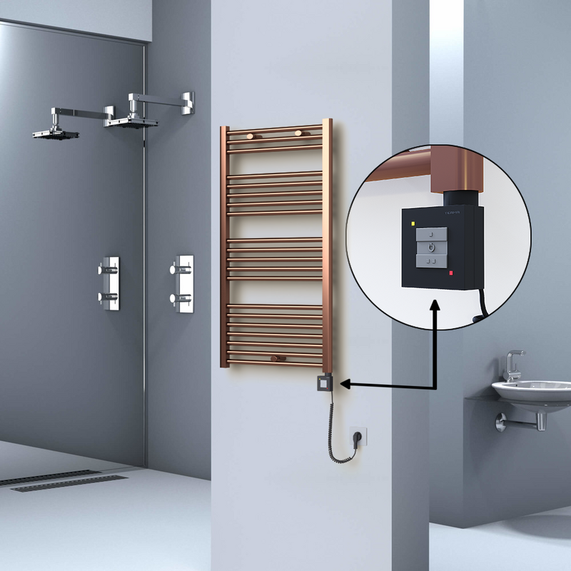Haiti Electric Towel Warmer 600x1100 Flat Antique Copper Gloss (KTX1 Thermostat) 300 Watt Spiral Cable