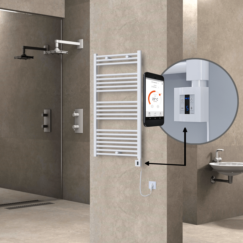 Haiti Electric Towel Warmer 600x1100 Flat White Gloss (KTX4 Thermostat) 600 Watt Spiral Cable