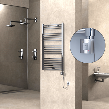  - Haiti Electric Towel Warmer 600x1100 Flat Chrome (KTX1 Thermostat) 300 Watt Spiral Cable