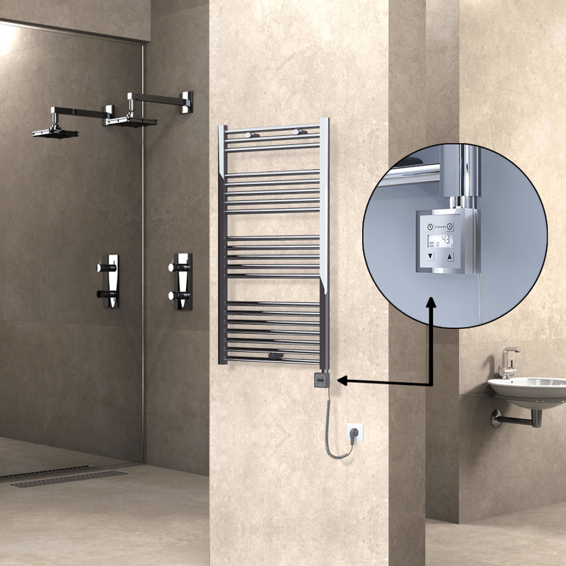 Haiti Electric Towel Warmer 600x1100 Flat Chrome (KTX3 Thermostat) 300 Watt Spiral Cable