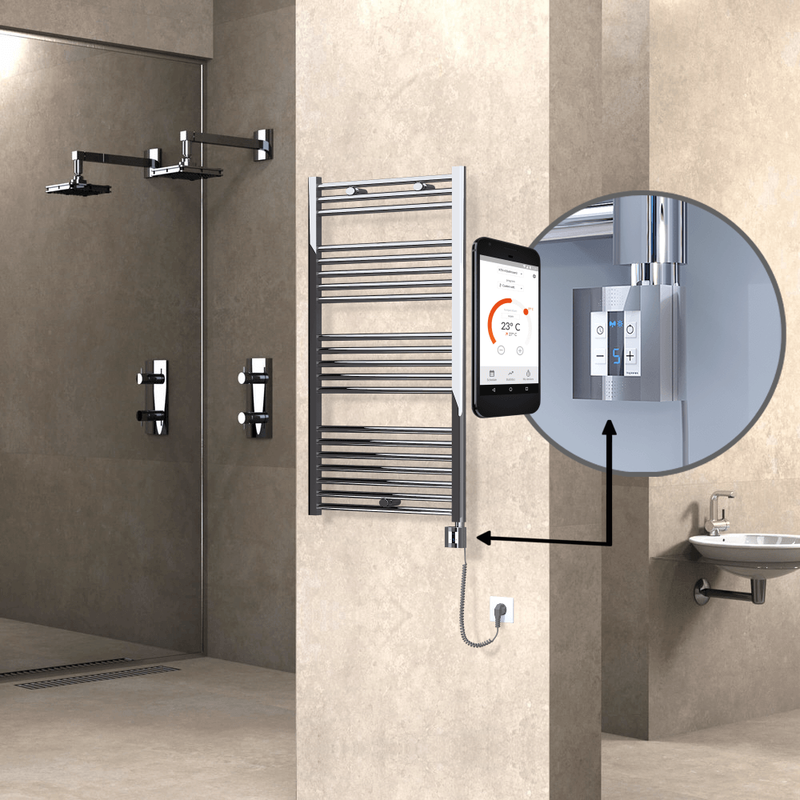 Haiti Electric Towel Warmer 600x1100 Flat Chrome (KTX4 Thermostat) 300 Watt Spiral Cable