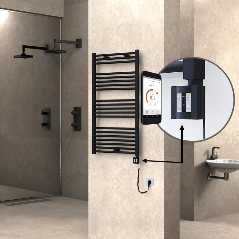 Haiti Electric Towel Warmer 600x1100 Flat Black Matt (KTX4 Thermostat) 600 Watt Spiral Cable