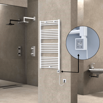 Radiva - Haiti Electric Towel Warmer 600x1200 Flat White Gloss (KTX3 Thermostat) 600 Watt Spiral Cable