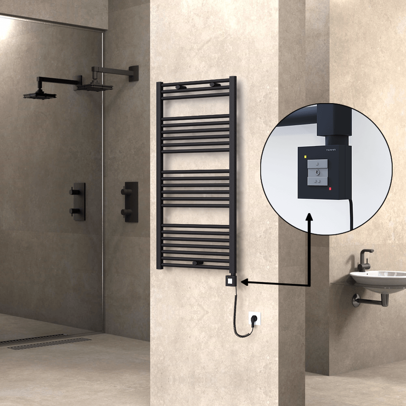 Haiti Electric Towel Warmer 600x1200 Flat Black Matt (KTX1 Thermostat) 600 Watt Spiral Cable