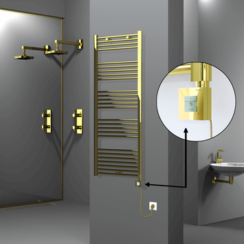 Radiva - Haiti Electric Towel Warmer 600x1500 Flat Gold (KTX1 Thermostat) 600 Watt Spiral Cable