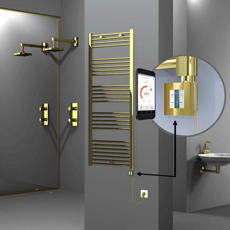 Haiti Electric Towel Warmer 600x1500 Flat Gold (KTX4 Thermostat) 600 Watt Spiral Cable