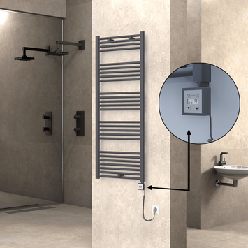 Radiva - Haiti Electric Towel Warmer 600x1500 Flat Anthracite Textured (KTX3 Thermostat) 1000 Watt Spiral Cable