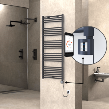 Radiva - Haiti Electric Towel Warmer 600x1500 Flat Anthracite Textured (KTX4 Thermostat) 1000 Watt Spiral Cable