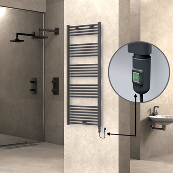 Radiva - Haiti Electric Towel Warmer 600x1500 Flat Anthracite Textured (On/Off Button) 900 Watt