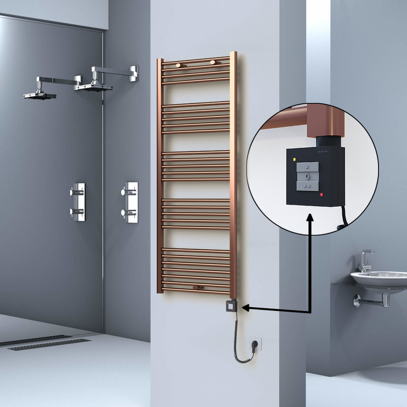 Haiti Electric Towel Warmer 600x1500 Flat Antique Copper Gloss (KTX1 Thermostat) 600 Watt Spiral Cable