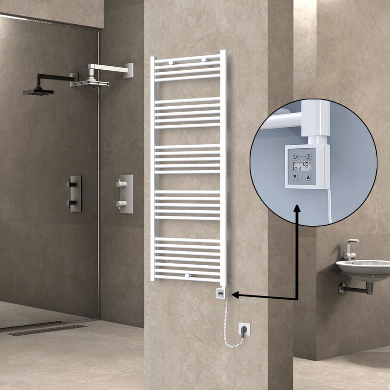 Haiti Electric Towel Warmer 600x1500 Flat White Gloss (KTX3 Thermostat) 1000 Watt Spiral Cable