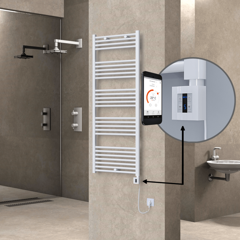 Haiti Electric Towel Warmer 600x1500 Flat White Gloss (KTX4 Thermostat) 1000 Watt Spiral Cable