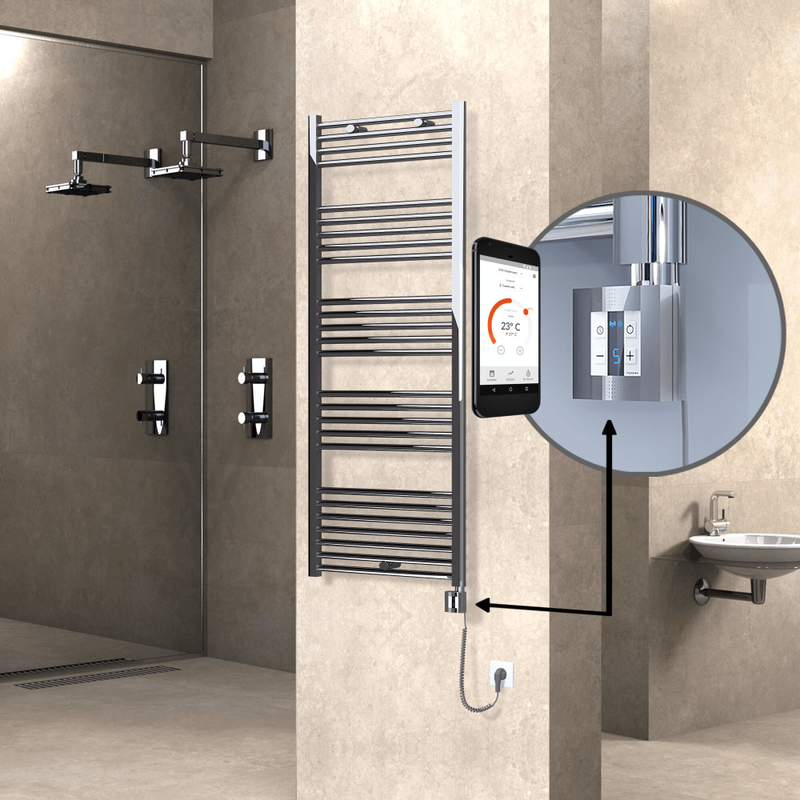 Haiti Electric Towel Warmer 600x1500 Flat Chrome (KTX4 Thermostat) 600 Watt Spiral Cable