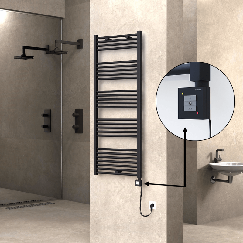 Haiti Electric Towel Warmer 600x1500 Flat Black Matt (KTX1 Thermostat) 1000 Watt Spiral Cable