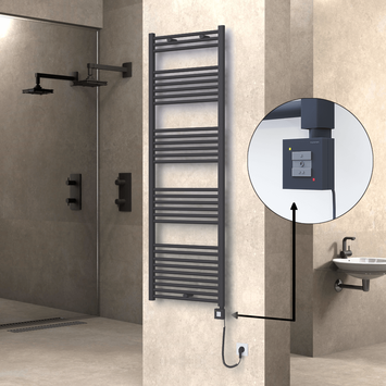 Radiva - Haiti Electric Towel Warmer 600x1800 Flat Anthracite Textured (KTX1 Thermostat) 1000 Watt Spiral Cable