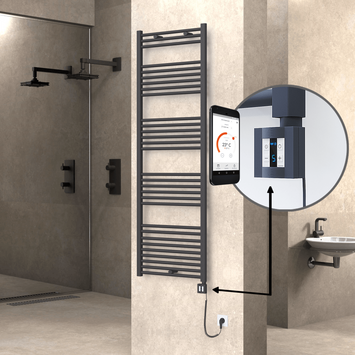 Radiva - Haiti Electric Towel Warmer 600x1800 Flat Anthracite Textured (KTX4 Thermostat) 1000 Watt Spiral Cable