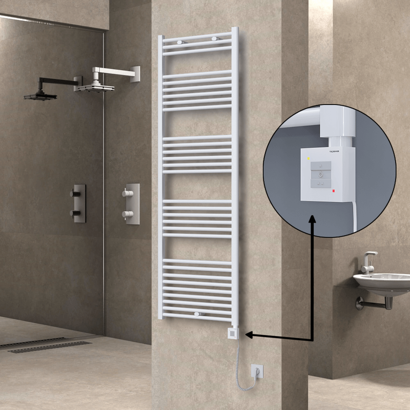 Haiti Electric Towel Warmer 600x1800 Flat White Gloss (KTX1 Thermostat) 1000 Watt Spiral Cable