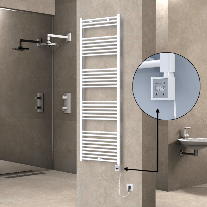 Haiti Electric Towel Warmer 600x1800 Flat White Gloss (KTX3 Thermostat) 1000 Watt Spiral Cable