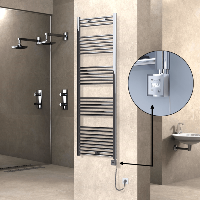 Haiti Electric Towel Warmer 600x1800 Flat Chrome (KTX3 Thermostat) 600 Watt Spiral Cable