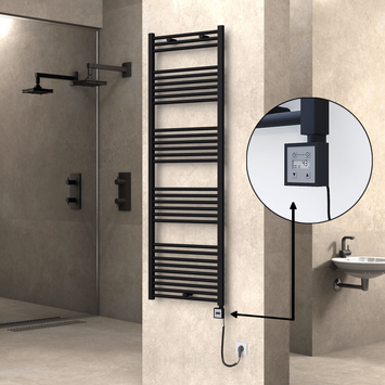 Radiva - Haiti Electric Towel Warmer 600x1800 Flat Black Matt (KTX3 Thermostat) 1000 Watt Spiral Cable
