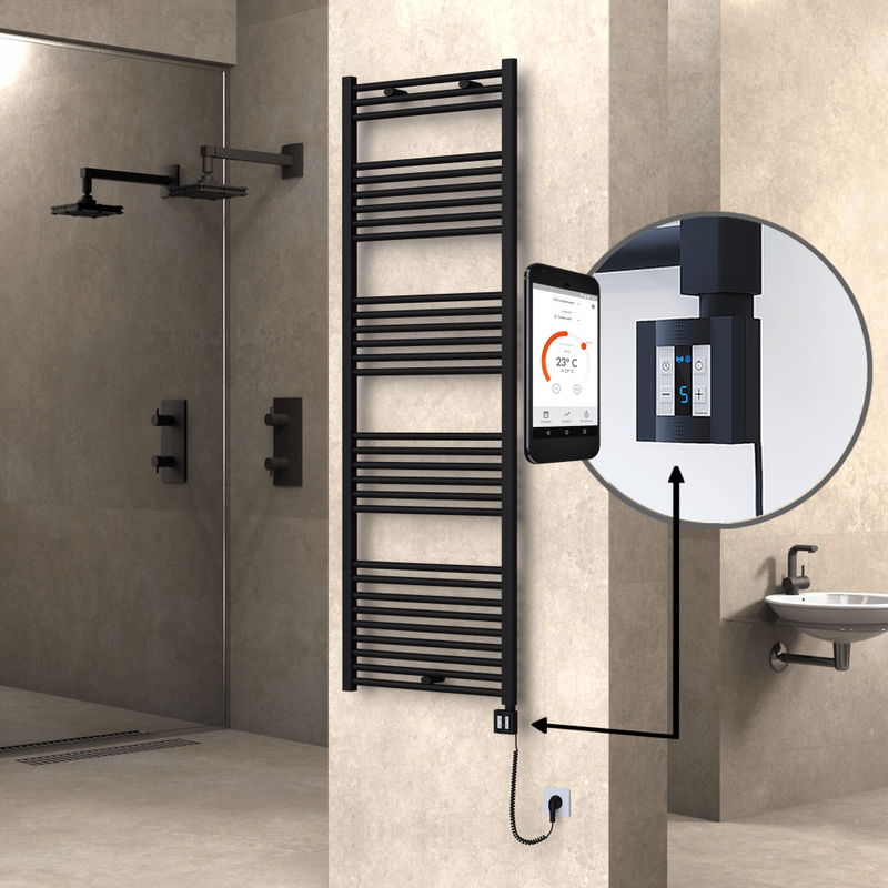 Haiti Electric Towel Warmer 600x1800 Flat Black Matt (KTX4 Thermostat) 1000 Watt Spiral Cable
