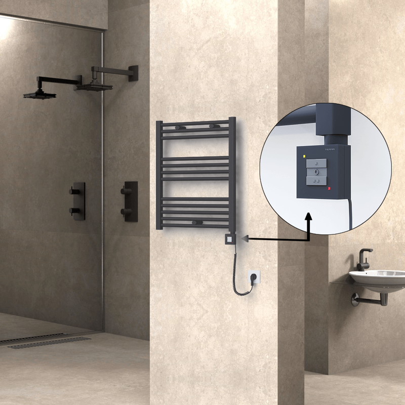 Haiti Electric Towel Warmer 600x700 Flat Anthracite Textured (KTX1 Thermostat) 300 Watt Spiral Cable