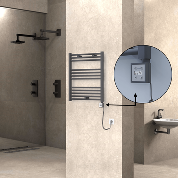Radiva - Haiti Electric Towel Warmer 600x700 Flat Anthracite Textured (KTX3 Thermostat) 300 Watt Spiral Cable