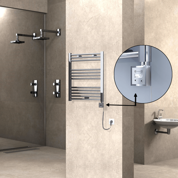 Radiva - Haiti Electric Towel Warmer 600x700 Flat Chrome (KTX3 Thermostat) 200 Watt Spiral Cable