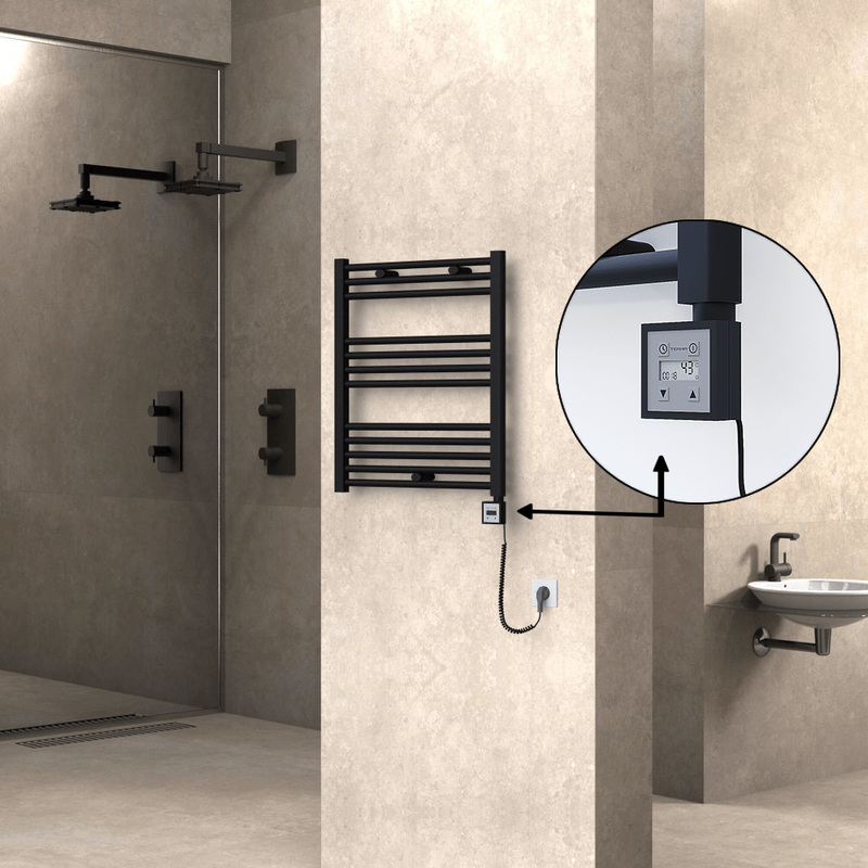 Haiti Electric Towel Warmer 600x700 Flat Black Matt (KTX3 Thermostat) 300 Watt Spiral Cable