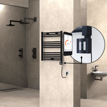 Radiva - Haiti Electric Towel Warmer 600x700 Flat Black Matt (KTX4 Thermostat) 300 Watt Spiral Cable
