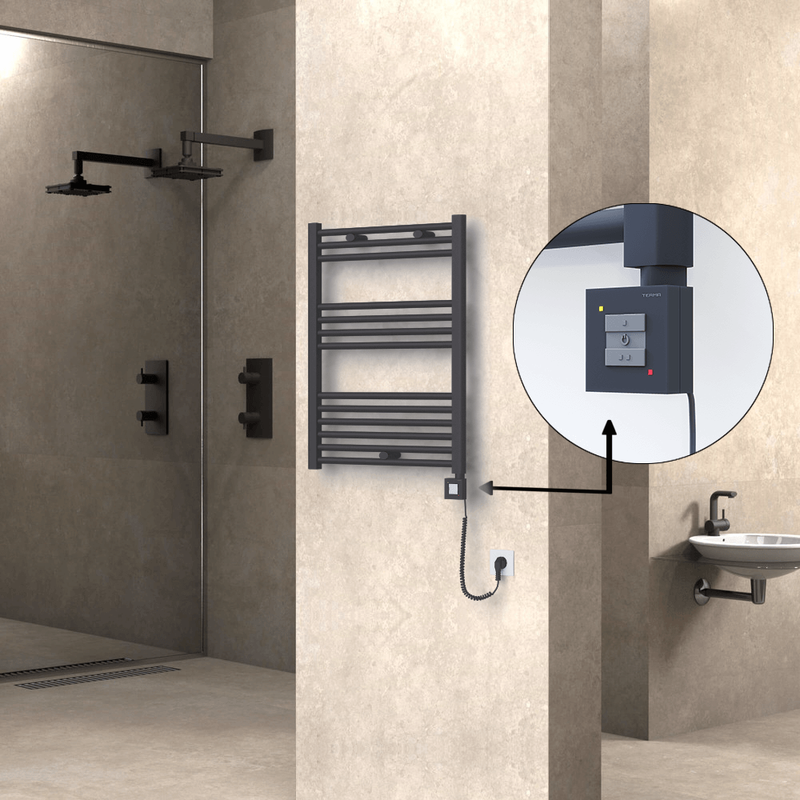 Haiti Electric Towel Warmer 600x800 Flat Anthracite Textured (KTX1 Thermostat) 300 Watt Spiral Cable
