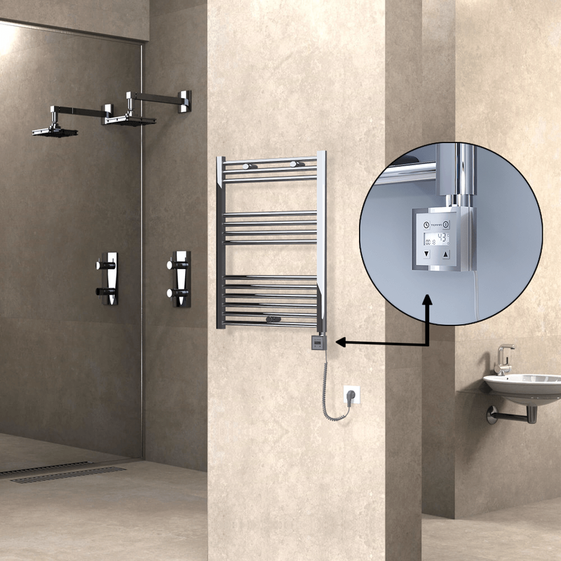 Haiti Electric Towel Warmer 600x800 Flat Chrome (KTX3 Thermostat) 300 Watt Spiral Cable
