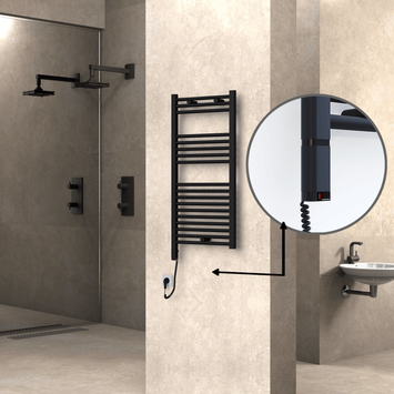 Radiva - Haiti Sèche Serviettes Electrique 600 Watt 500x1000 Plat Noir mat (OneD On/Off ) Gauche