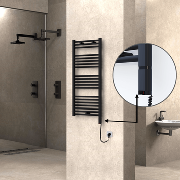 Radiva - Haiti Sèche Serviettes Electrique 600 Watt 500x1100 Plat Noir mat (OneD On/Off ) Droit