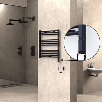 Radiva - Haiti Sèche Serviettes Electrique 300 Watt 600x700 Plat Noir mat (OneD On/Off ) Droit