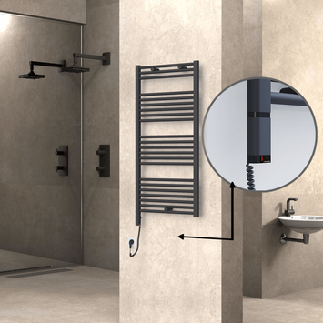 Radiva - Haiti Sèche Serviettes Electrique 600 Watt 600x1200 Plat Anthracite (OneD On/Off ) Gauche