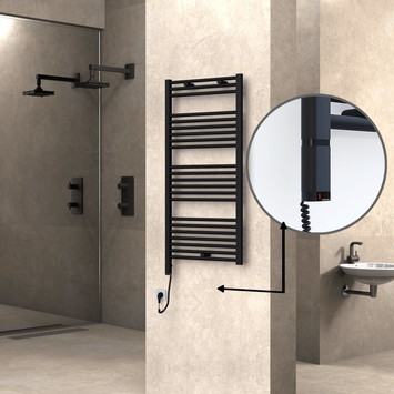 Radiva - Haiti Sèche Serviettes Electrique 600 Watt 600x1200 Plat Noir mat (OneD On/Off ) Gauche