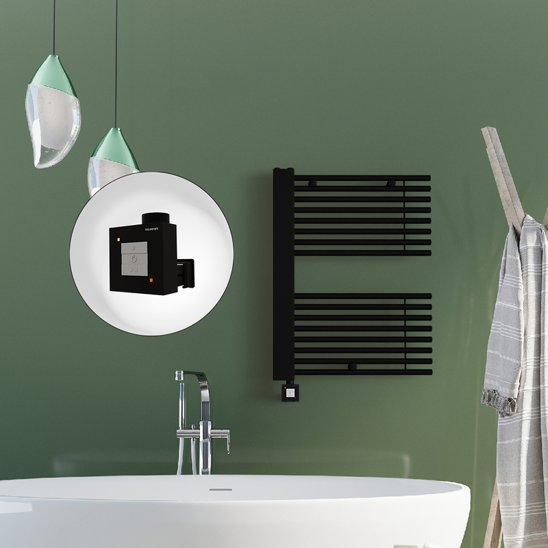 Male Electric Towel Warmer 600x800 Matte Black Ktx1 300 W (Spiral Cable)