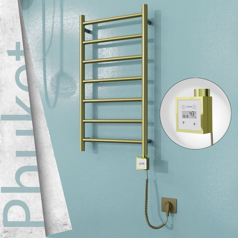 PHUKET Elektrikli Paslanmaz Çelik Havlupan 400x800 Satine Altın (KTX3 Termostat) 200W Spiral Kablolu